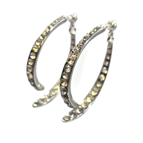 Earrings Silver Tone Clear Rhinestone Hoop Curved Open Design Fashion SKU2409 - Picture 1 of 6